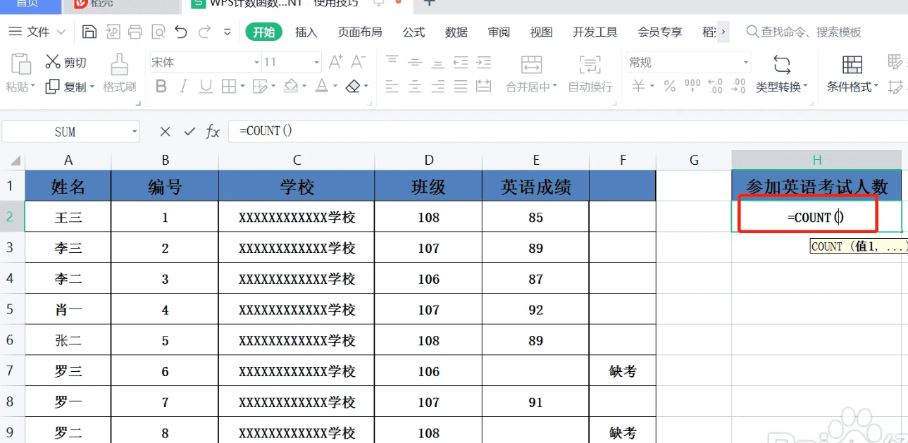 计算机一级wpsoffice Excel 中count计数函数